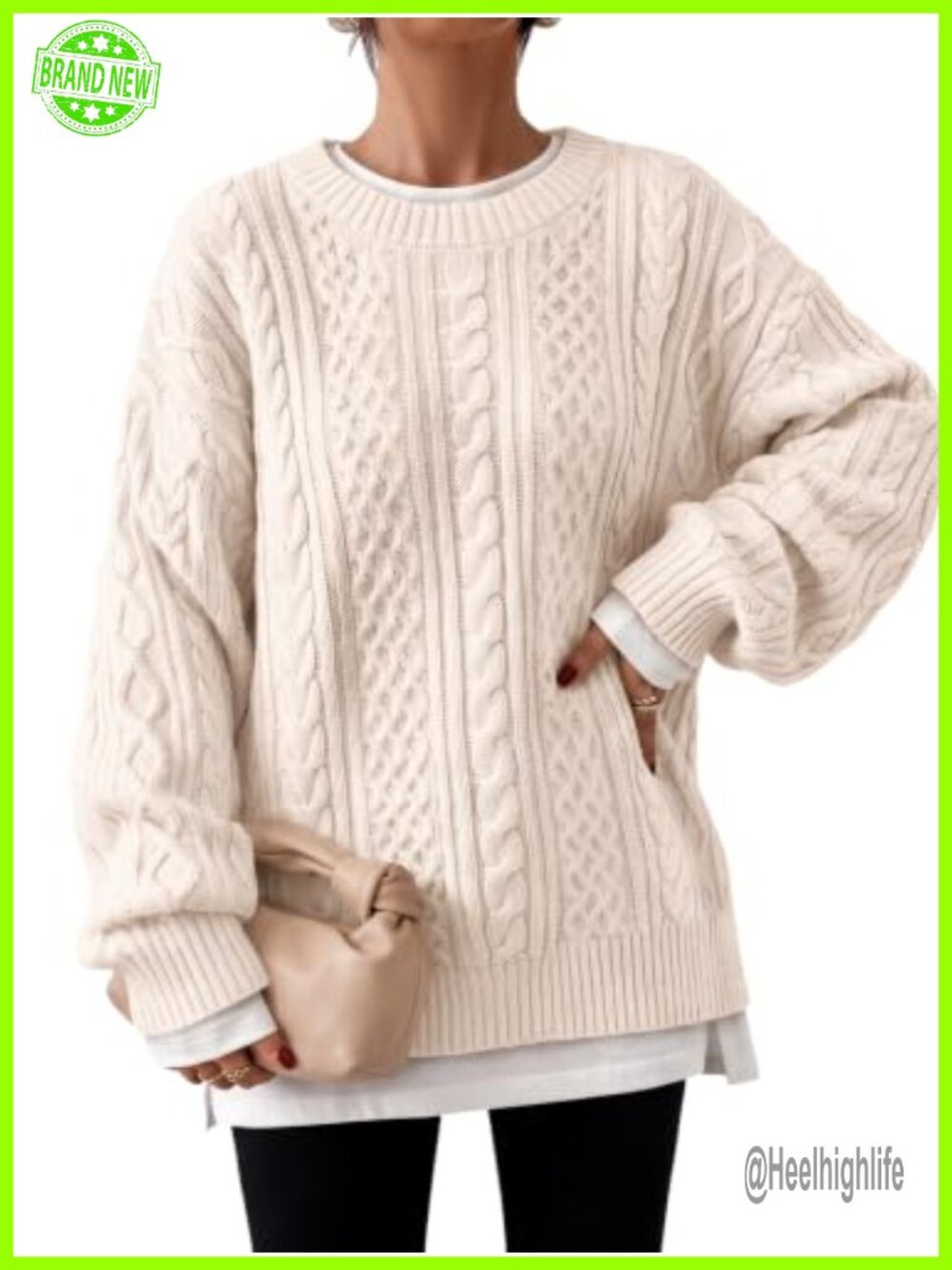 Oversized Cable Knit Chunky Pullover Sweater Cotton Blend Crew Neck